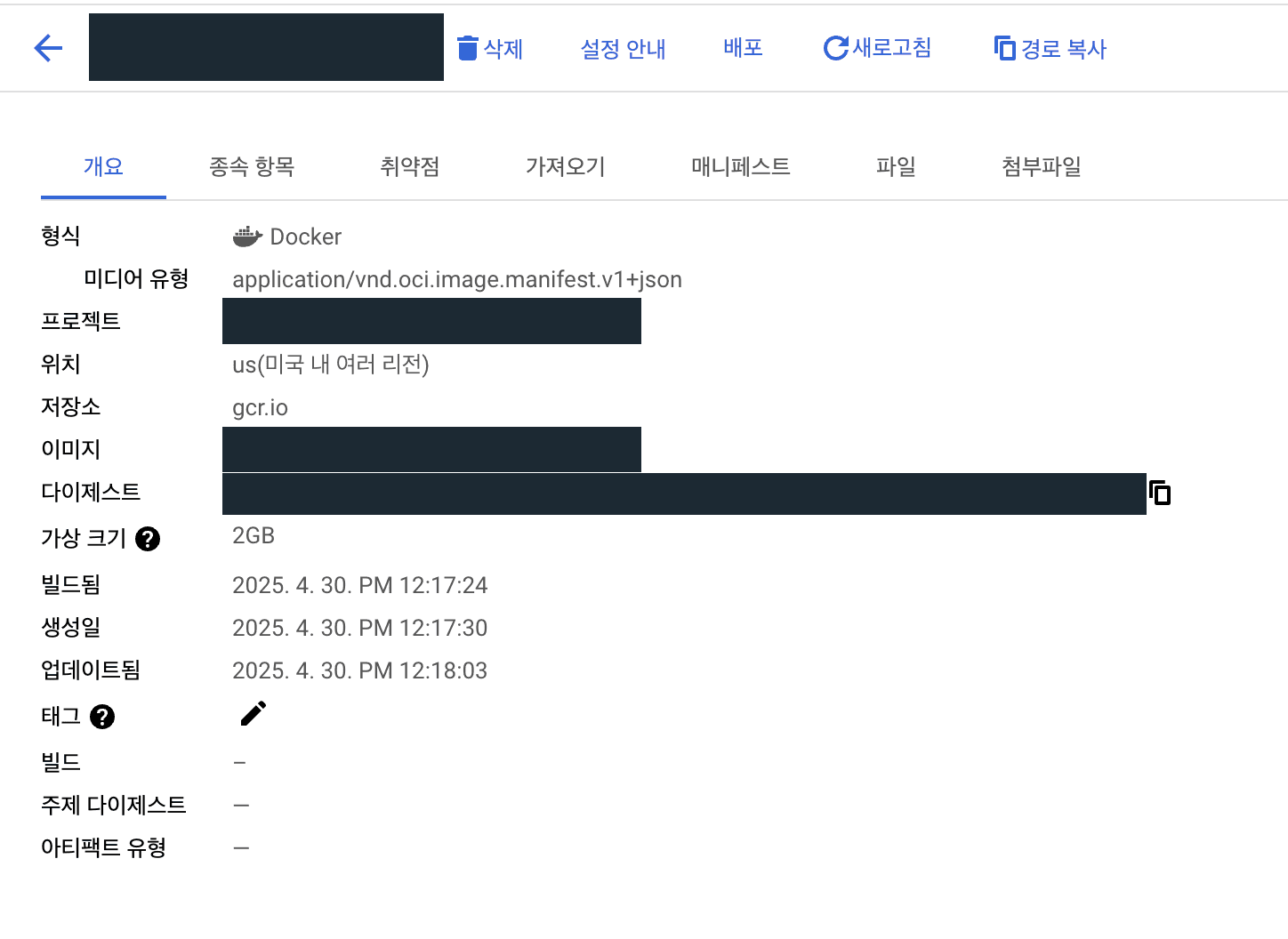 Artifact Registry 이미지 상세. 가상 크기 2GB, 2025년 4월 30일 빌드.